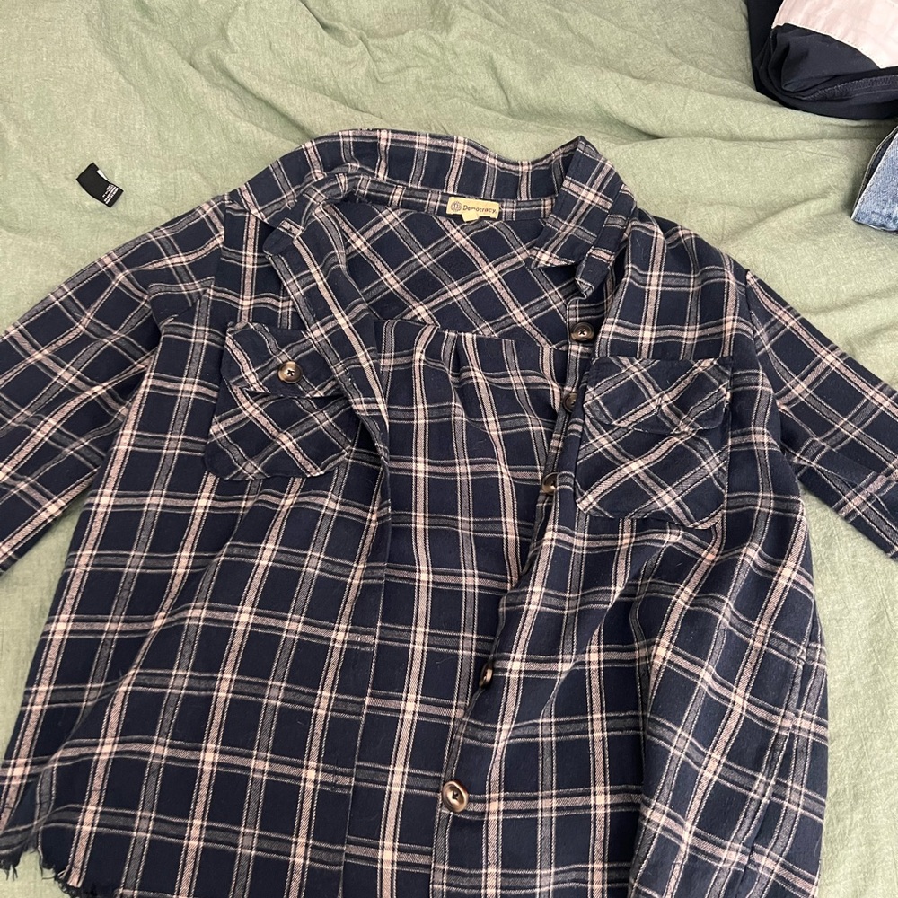 Democracy Navy and White Plaid Casual Button Down Shirt